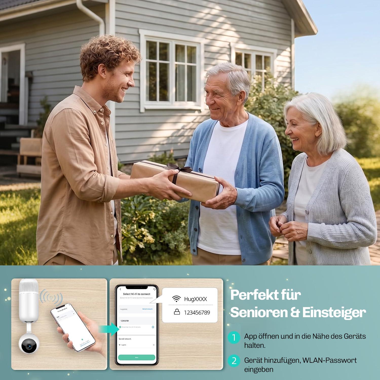 HESLER Kamera-Einrichtung per App mit WLAN-Verbindung, im Hintergrund eine Paketübergabe vor einem Wohnhaus.