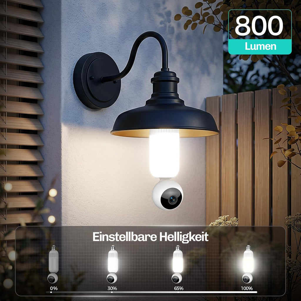 HESLER Glühbirnenkamera in schwarzer Außenleuchte mit 800 Lumen und vier einstellbaren Helligkeitsstufen von 0 bis 100 Prozent.