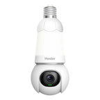 HESLER 2K WLAN-Glühbirnenkamera als Produktfoto freigestellt vor weißem Hintergrund, mit E27-Gewinde und Kameraobjektiv.
