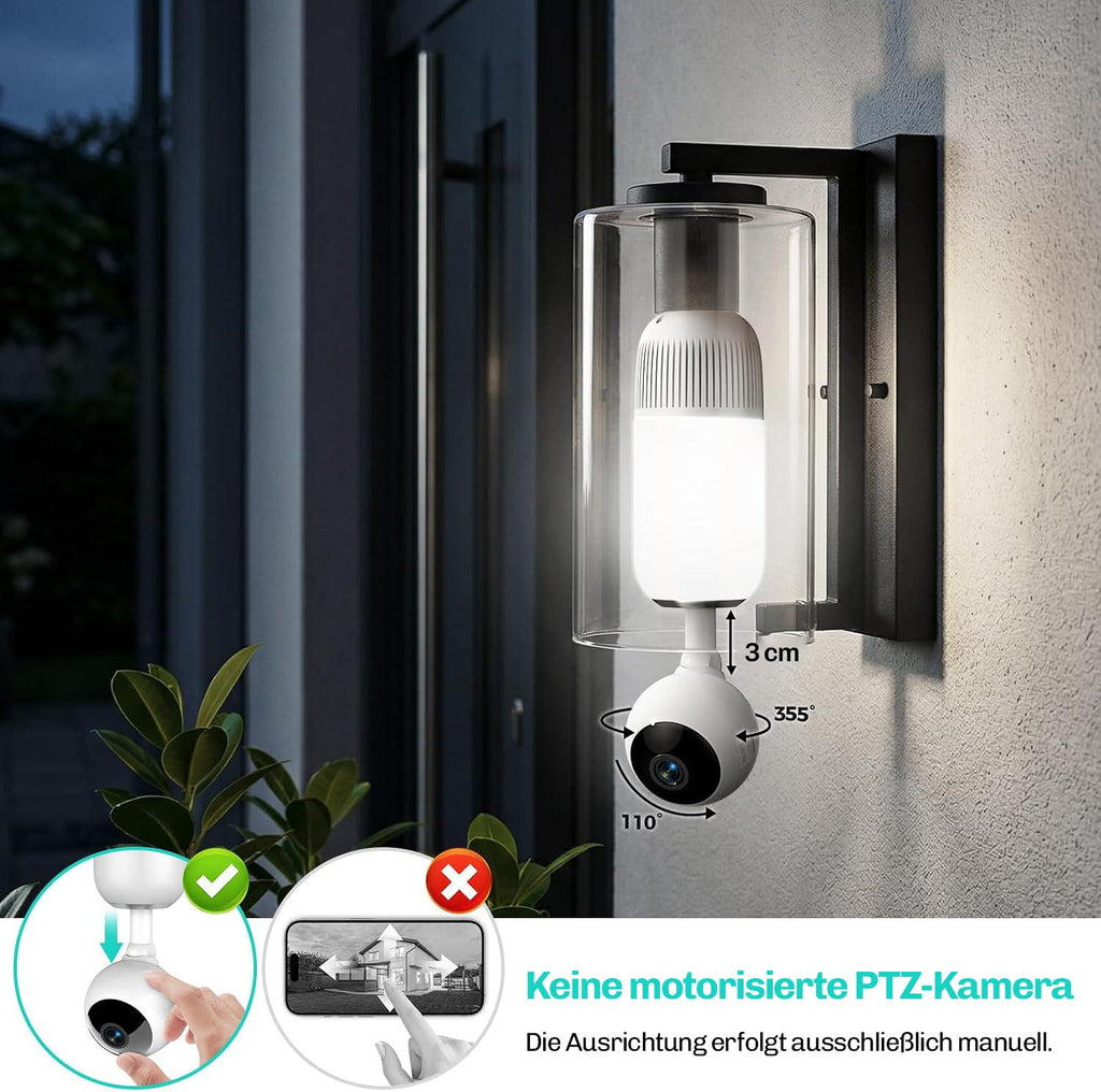 HESLER Kamera in einer Außenwandleuchte montiert, mit Angaben zum Schwenkbereich von 355 Grad und Neigung von 110 Grad, manuelle Ausrichtung ohne Motor.