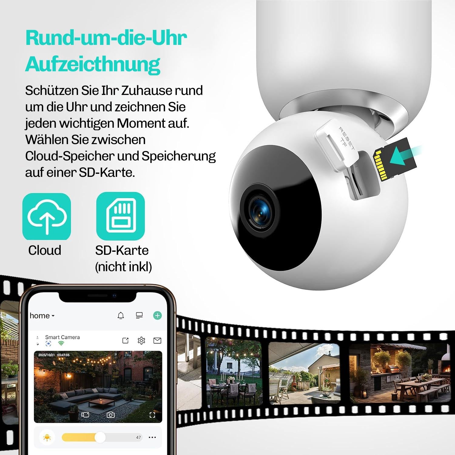 HESLER Kamerakopf mit eingeschobener Speicherkarte, daneben Hinweise zu Cloud- und SD-Kartenspeicherung sowie App-Ansicht der Aufzeichnungen.