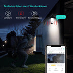 HESLER Kamera an einer Wandleuchte mit Lichtalarm, Sirenenalarm und Benachrichtigung bei einer sich nähernden Person nachts im Garten.