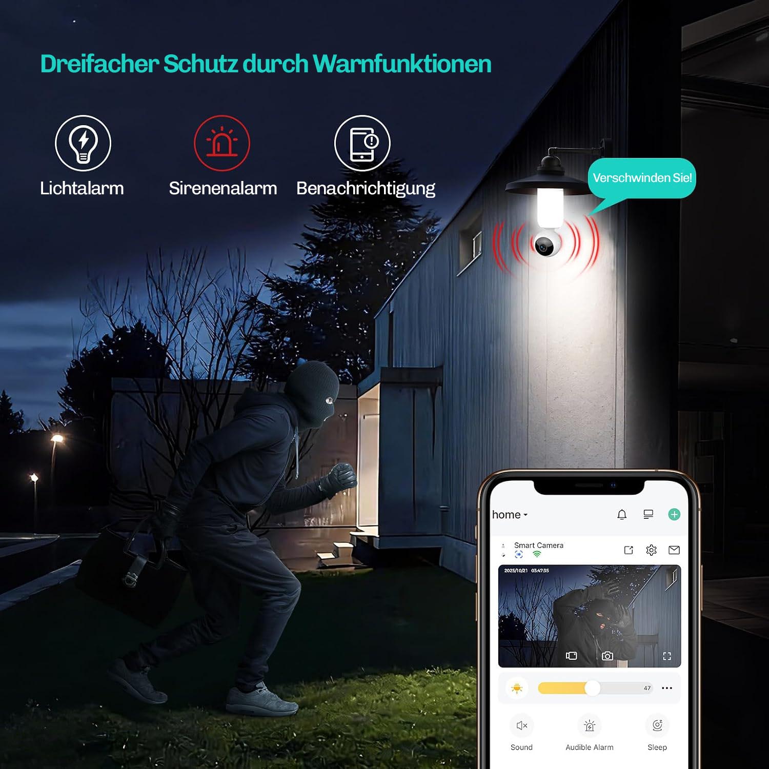 HESLER Kamera an einer Wandleuchte mit Lichtalarm, Sirenenalarm und Benachrichtigung bei einer sich nähernden Person nachts im Garten.