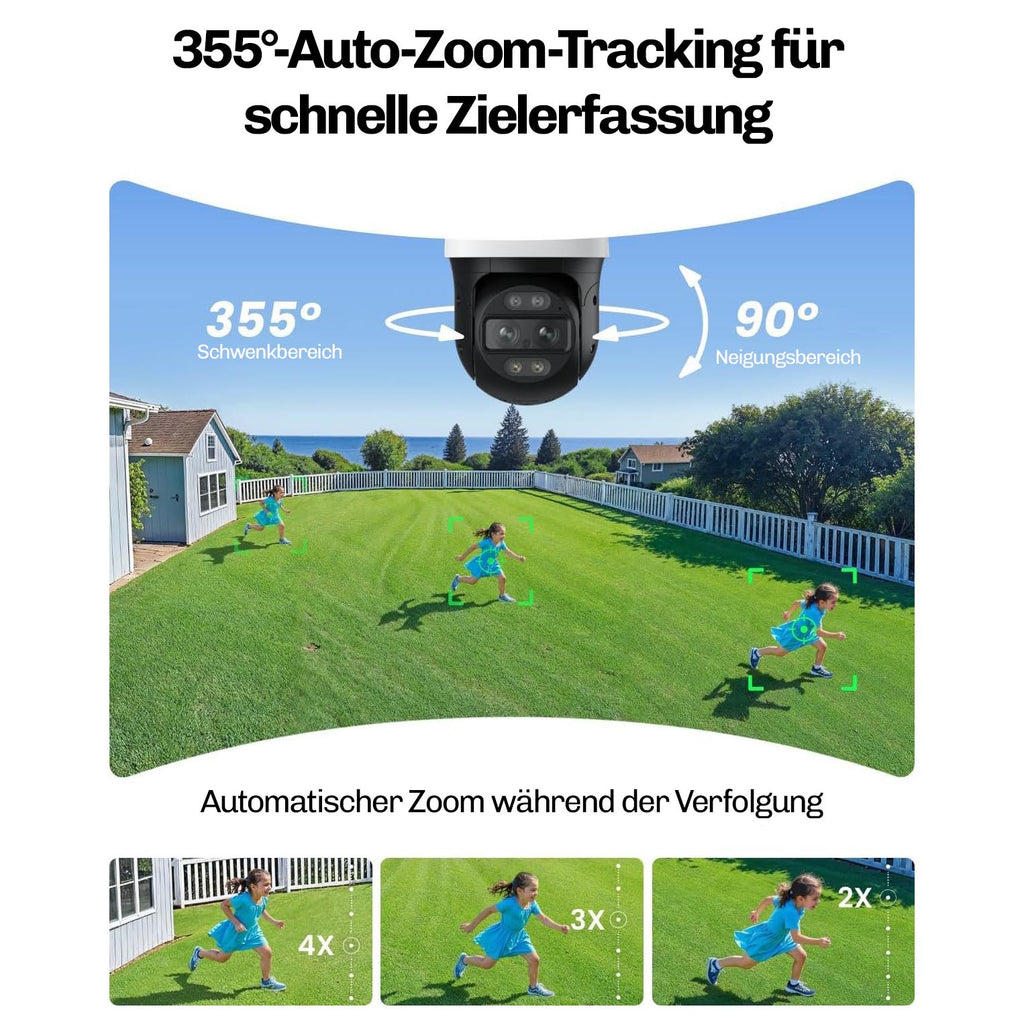 Kamerabild mit 355 Grad Schwenk- und 90 Grad Neigungsbereich, das drei Kinder im Garten automatisch verfolgt und zoomt.