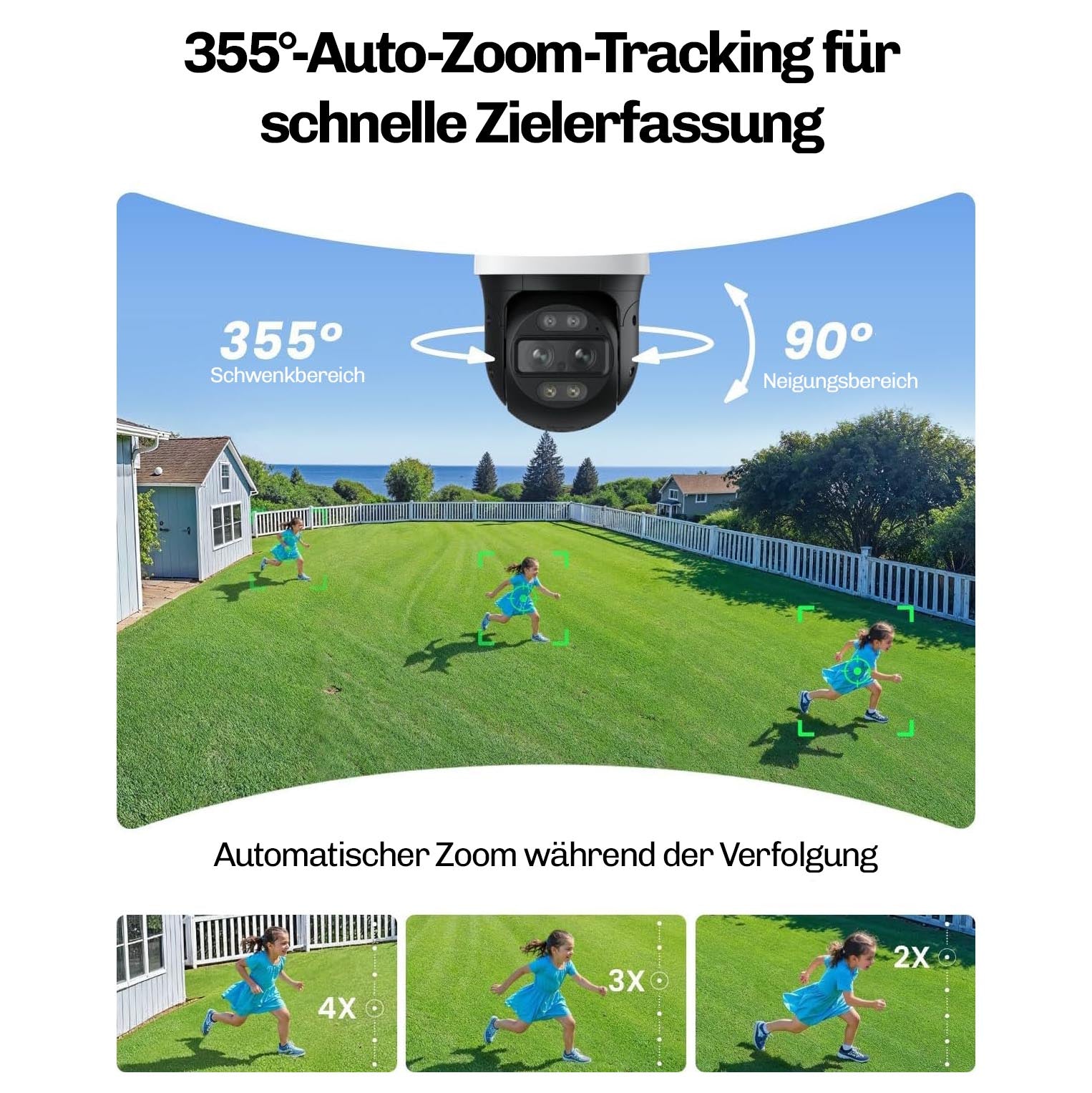 Kamerabild mit 355 Grad Schwenk- und 90 Grad Neigungsbereich, das drei Kinder im Garten automatisch verfolgt und zoomt.