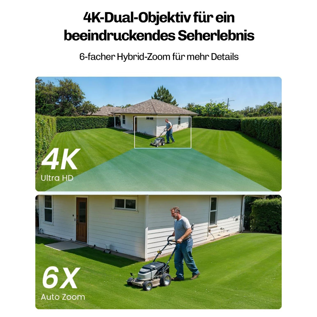 Vergleich einer Gartenaufnahme in 4K-Auflösung und mit 6-fachem Zoom auf eine Person mit Rasenmäher.