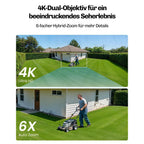 Vergleich einer Gartenaufnahme in 4K-Auflösung und mit 6-fachem Zoom auf eine Person mit Rasenmäher.