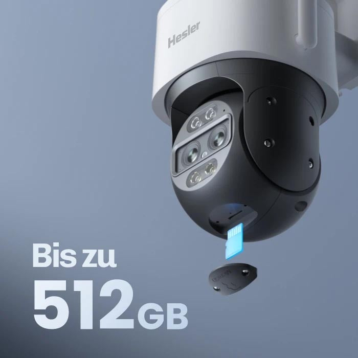 Nahaufnahme der Hesler-Kamera beim Einsetzen einer microSD-Karte mit Hinweis auf bis zu 512 GB Speicher.