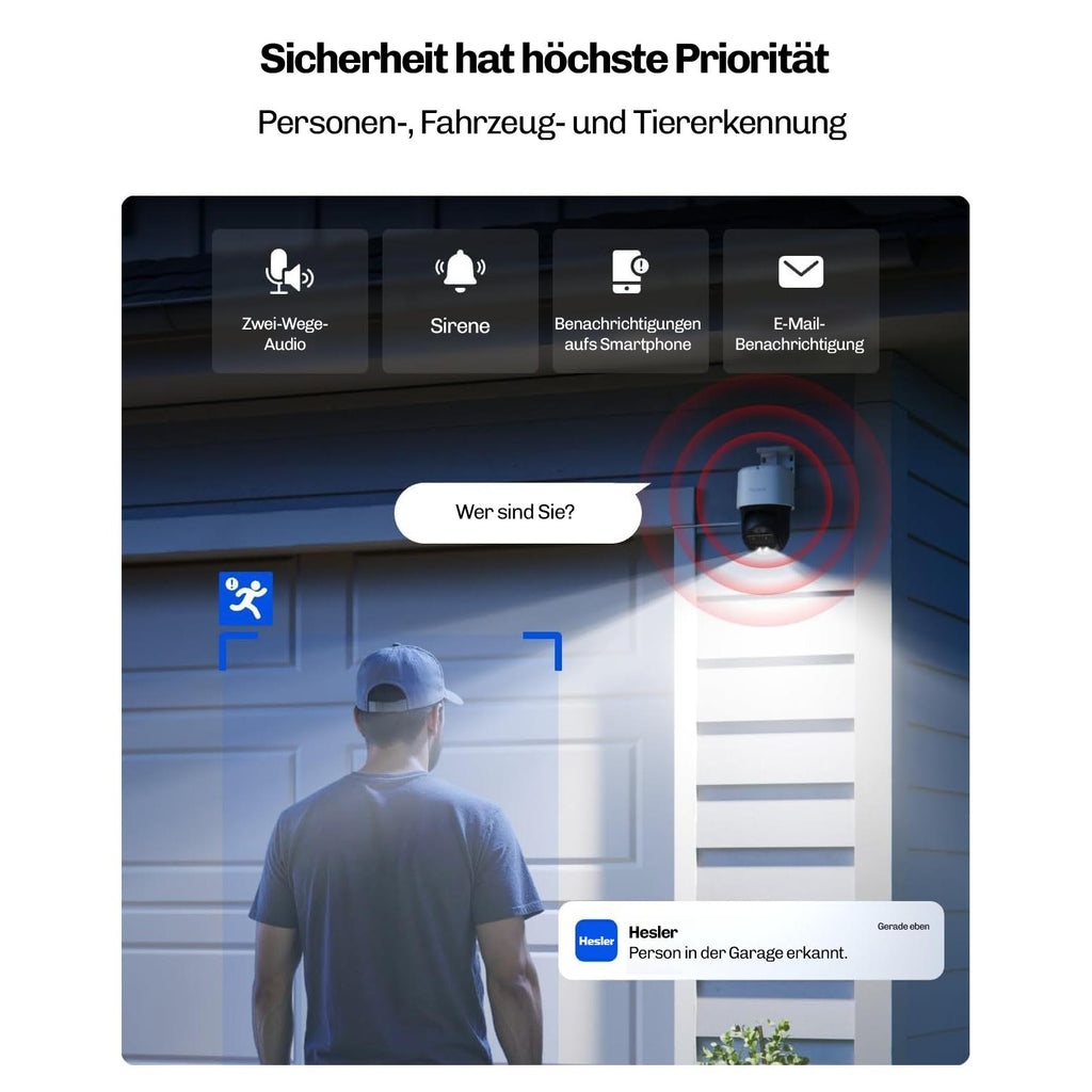 Nachtszene an der Garage: Kamera erkennt eine Person, aktiviert Sirene und Zwei-Wege-Audio und sendet eine Benachrichtigung.