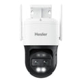 Frontalansicht der Hesler 4K Dual-Objektiv PoE-Kamera mit zwei Objektiven, Infrarot-LEDs, Scheinwerfer und Wandhalterung.