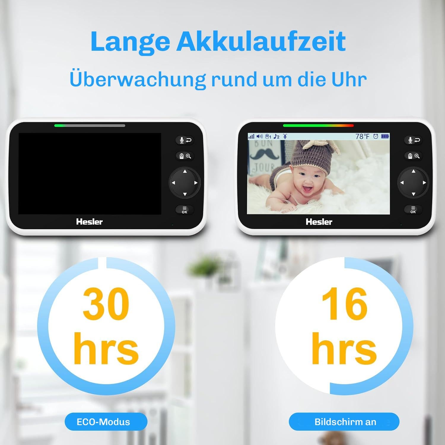 Vergleich der Akkulaufzeit: 30 Stunden im Eco-Modus gegenueber 16 Stunden bei dauerhaft eingeschaltetem Bildschirm.