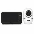 Produktansicht des Hesler-Babymonitors: 5-Zoll-Monitor mit Bedienfeld und dazugehoerige Schwenk-Kipp-Kamera vor weissem Hintergrund.