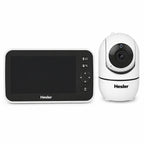 Produktansicht des Hesler-Babymonitors: 5-Zoll-Monitor mit Bedienfeld und dazugehoerige Schwenk-Kipp-Kamera vor weissem Hintergrund.