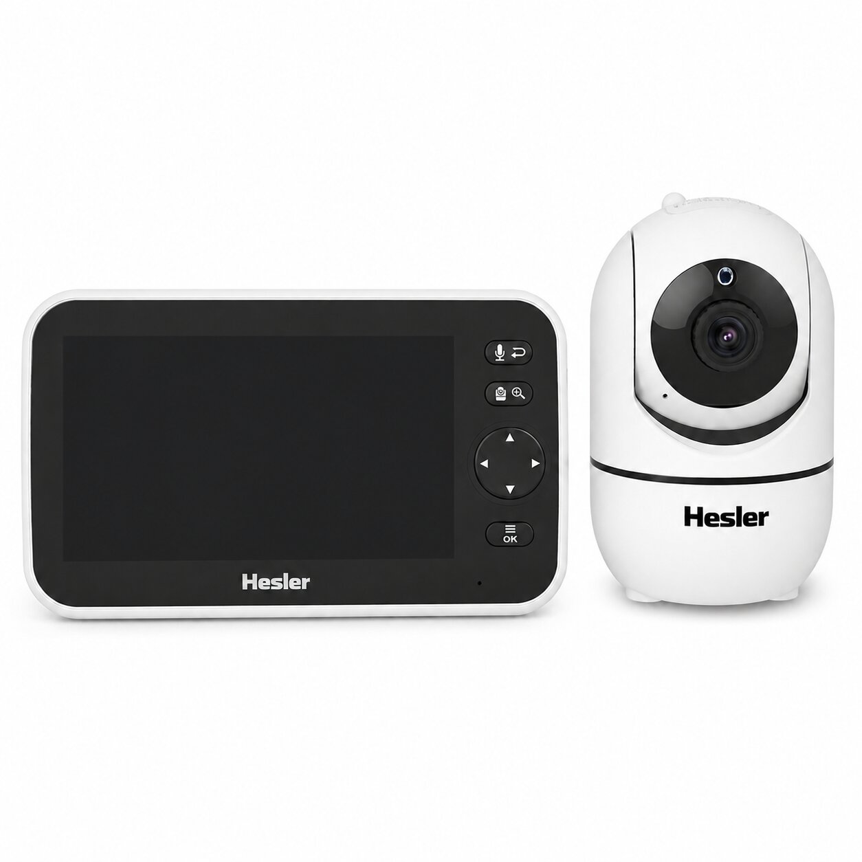 Produktansicht des Hesler-Babymonitors: 5-Zoll-Monitor mit Bedienfeld und dazugehoerige Schwenk-Kipp-Kamera vor weissem Hintergrund.
