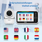 Menue des Hesler-Babymonitors mit acht auswaehlbaren Anzeigesprachen und der zugehoerigen Kamera-Einheit.