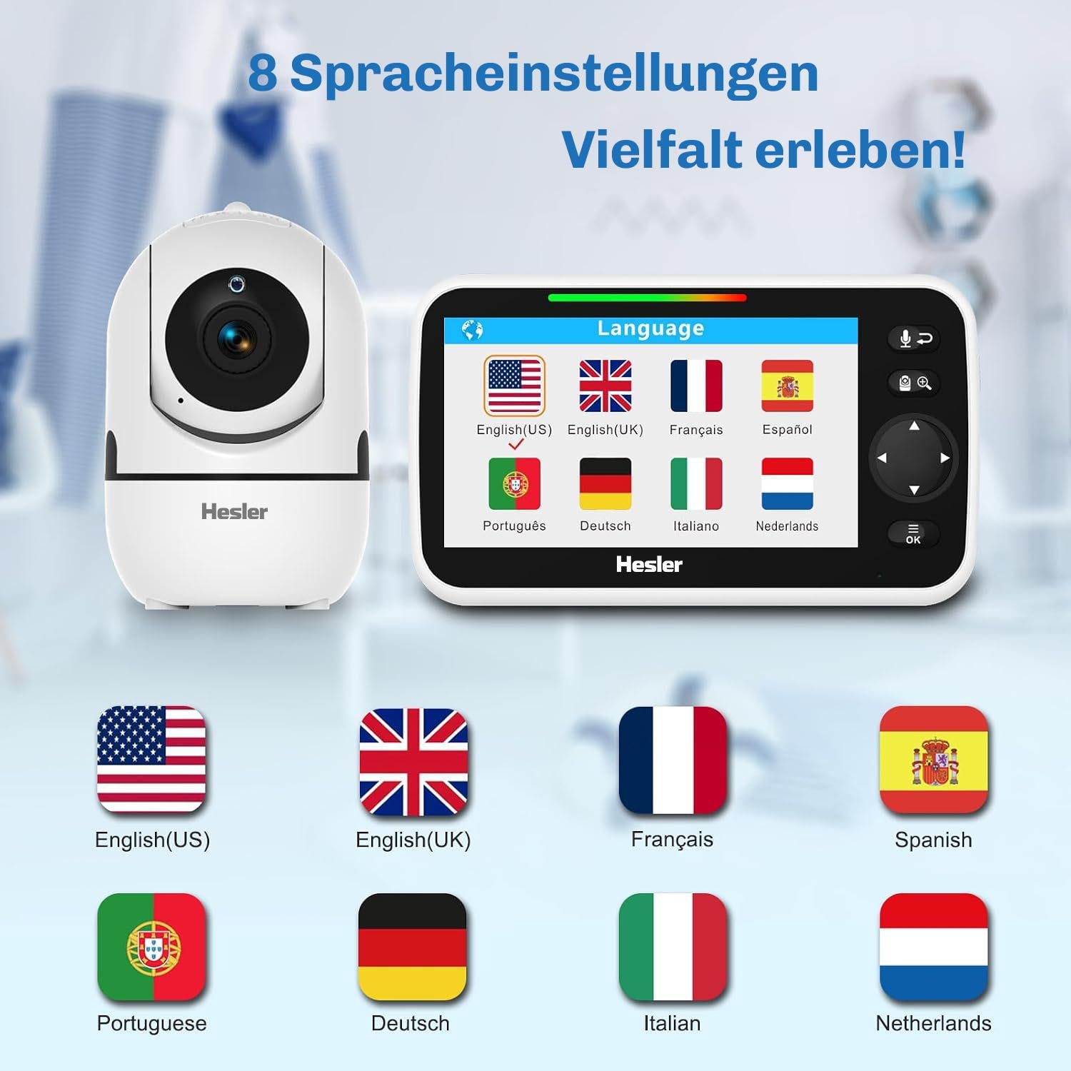 Menue des Hesler-Babymonitors mit acht auswaehlbaren Anzeigesprachen und der zugehoerigen Kamera-Einheit.