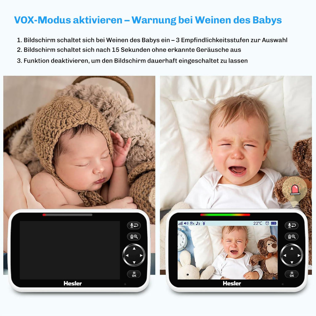 Gegenueberstellung von schlafendem und weinendem Kind mit Monitoranzeige: Der VOX-Modus aktiviert den Bildschirm beim Weinen.