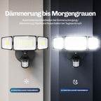 Vergleich des Leuchtenkopfs bei Tageslicht und in der Nacht mit automatischer Aktivierung durch den Dämmerungssensor