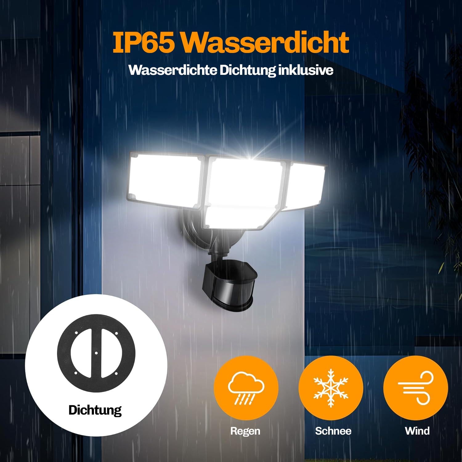 LED Sicherheitsstrahler mit drei Leuchtenköpfen bei starkem Regen, IP65-Kennzeichnung für Zuverlässigkeit bei jedem Wetter