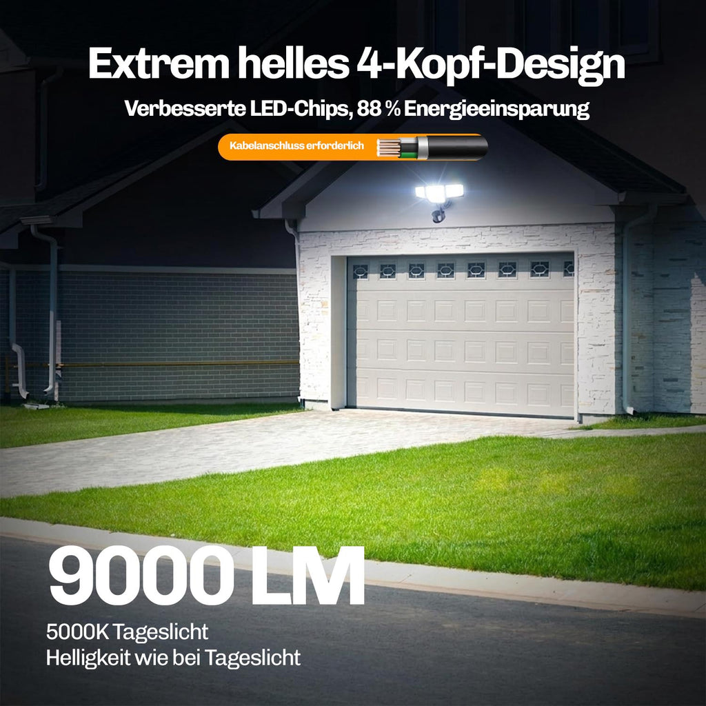 An einer Garage montierter Sicherheitsstrahler mit 9000 Lumen und Angabe zum erforderlichen Kabelanschluss