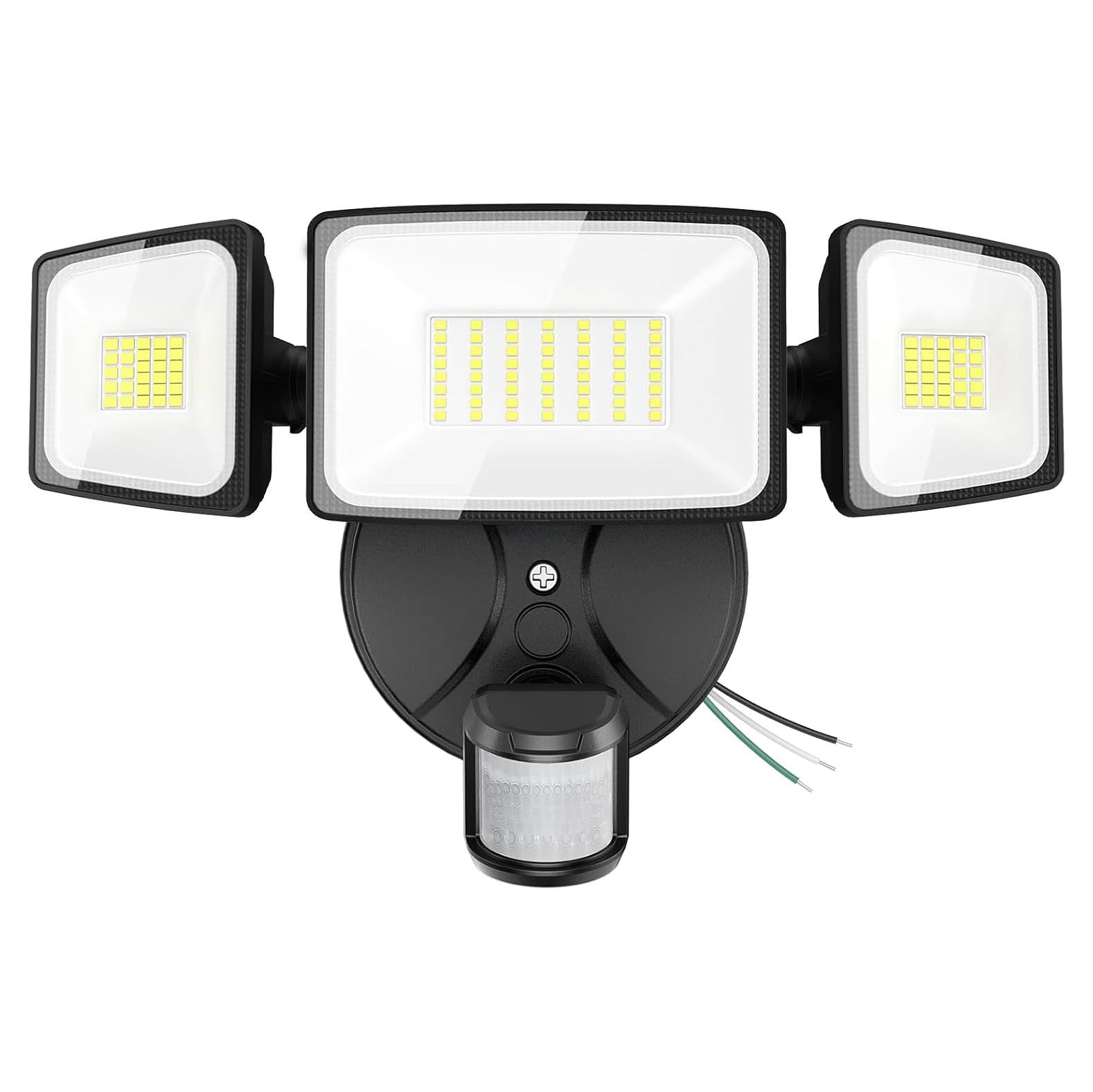 LED Sicherheitsstrahler mit drei schwenkbaren Leuchtenköpfen und integriertem Bewegungsmelder, Frontalansicht mit Anschlusskabeln