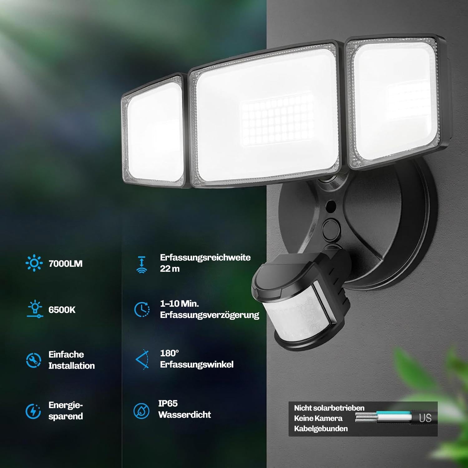 Übersicht der technischen Eigenschaften: 7000 Lumen, 6500 Kelvin, 22 Meter Erfassungsreichweite, 180 Grad Erfassungswinkel, IP65