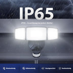 Leuchtenkopf des Sicherheitsstrahlers bei Regen und Gewitter, Kennzeichnung der IP65-Schutzklasse gegen Wetter und Rost