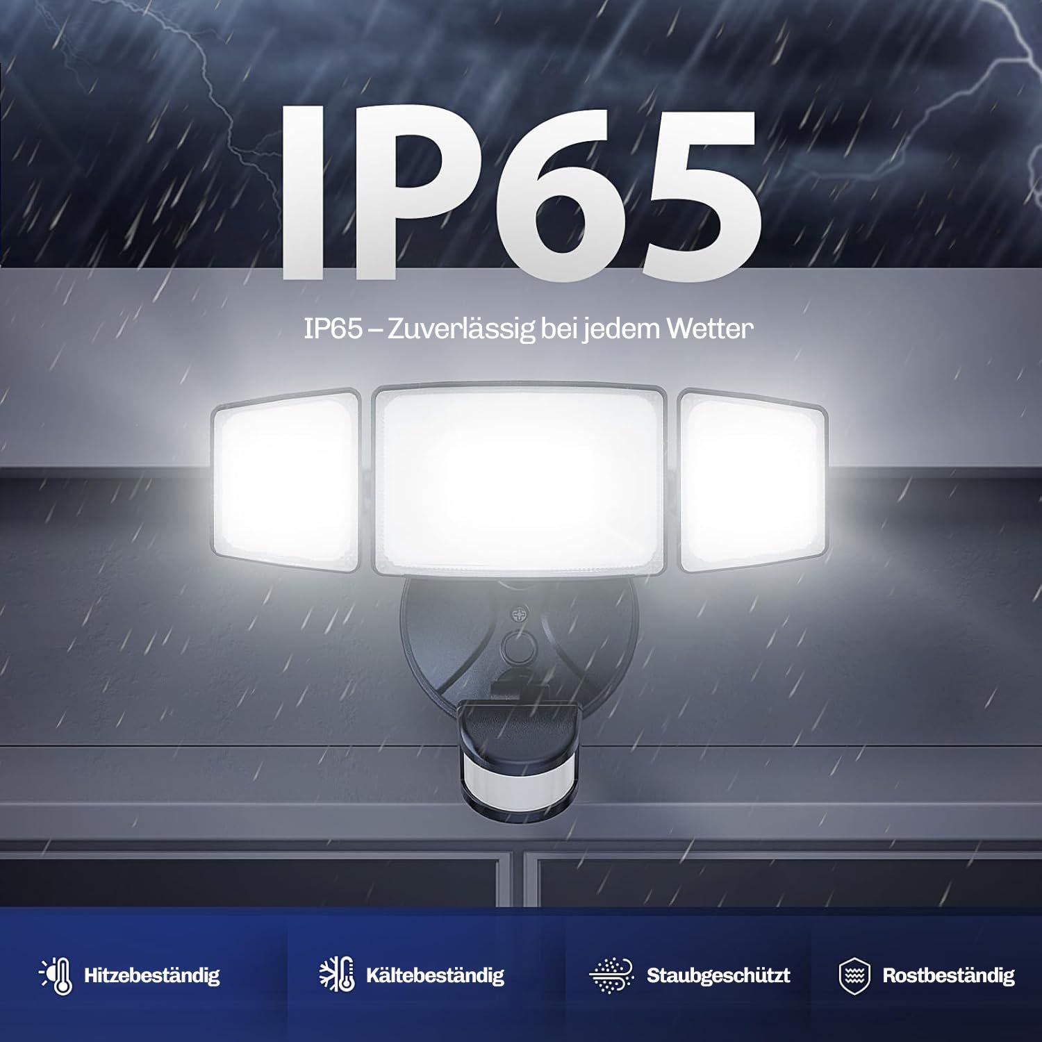Leuchtenkopf des Sicherheitsstrahlers bei Regen und Gewitter, Kennzeichnung der IP65-Schutzklasse gegen Wetter und Rost