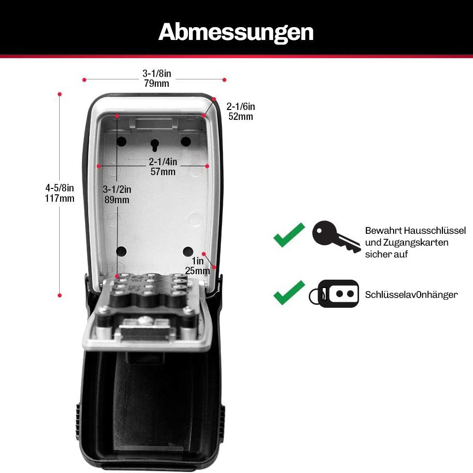 Maßangaben der Hesler Schlüsselbox mit Innenraum, Bohrabständen und Hinweisen zur Aufbewahrung von Schlüsseln und Anhängern