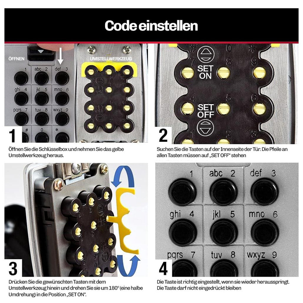 Vierstufige Anleitung zum Einstellen des Zahlencodes bei der Hesler Schlüsselbox mit Umstellwerkzeug