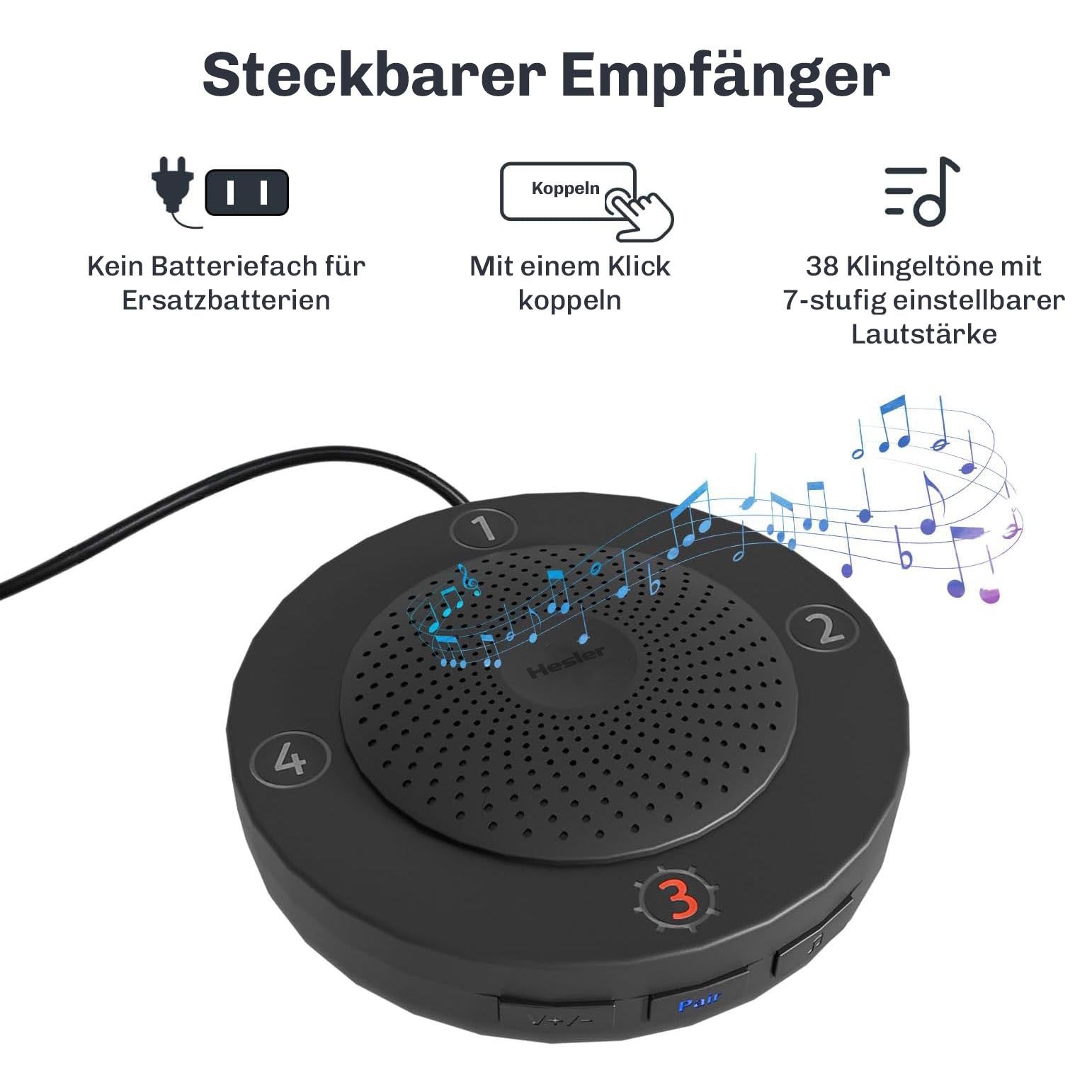 Der steckbare Empfänger mit Lautsprecher, Tasten für vier Zonen und Hinweisen zu Kopplung, Klingeltönen und Lautstärke.