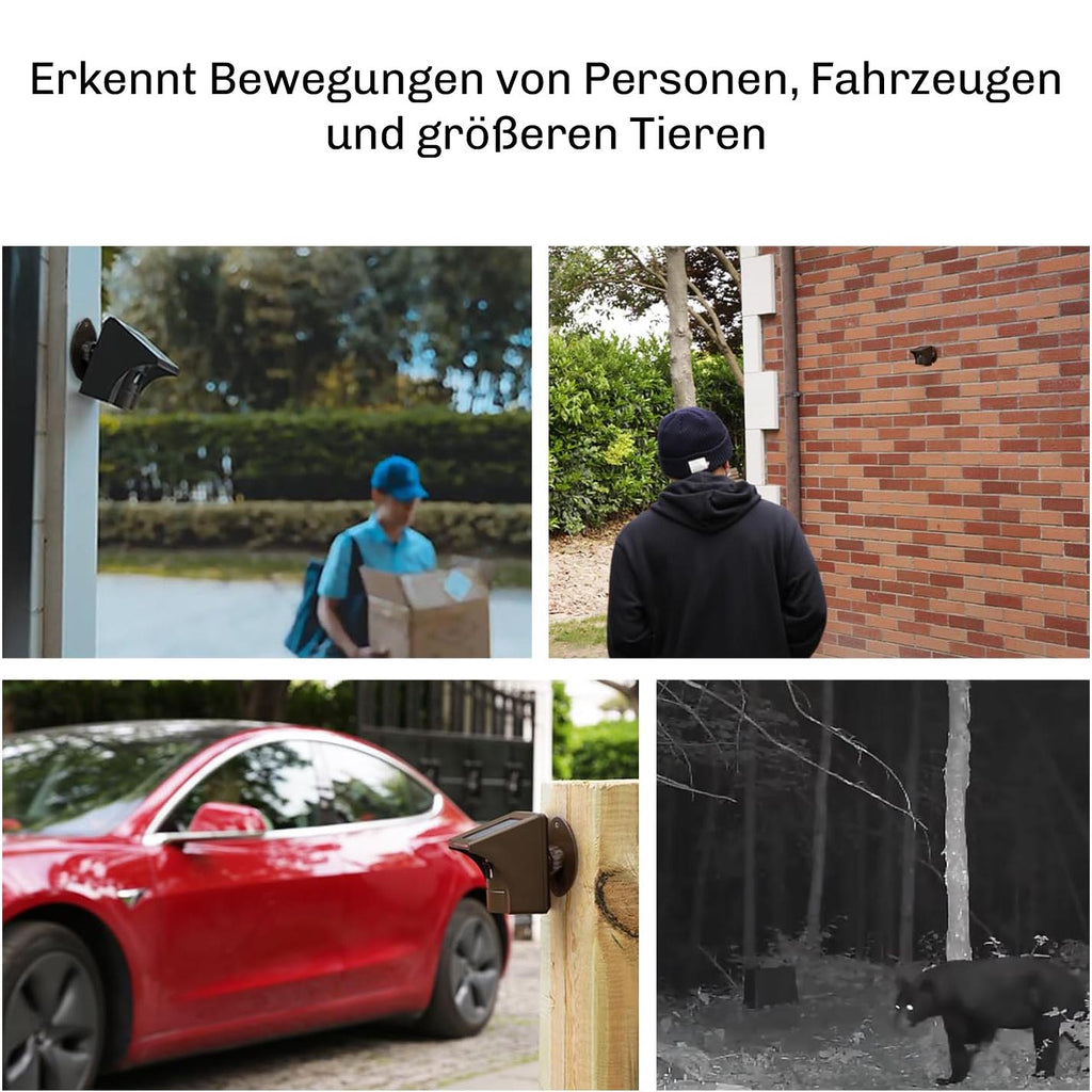 Vier Beispielbilder zeigen die Erkennung von Paketboten, Fußgängern, Fahrzeugen und Tieren durch den Bewegungsmelder bei Tag und Nacht.