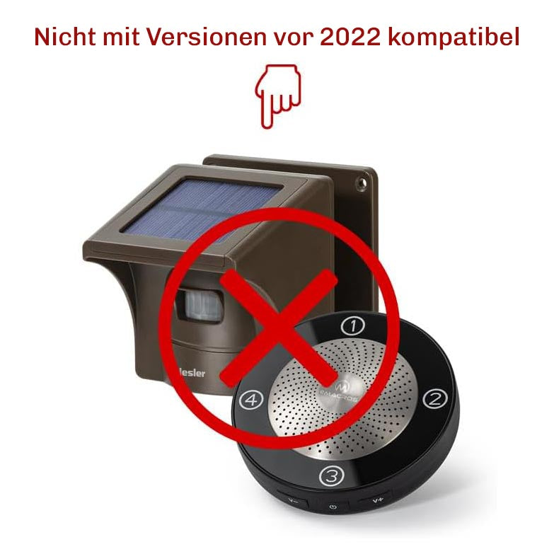 Hinweis zur fehlenden Kompatibilität mit älteren Geräteversionen vor 2022, dargestellt mit Sensor, Empfänger und Warnsymbol.