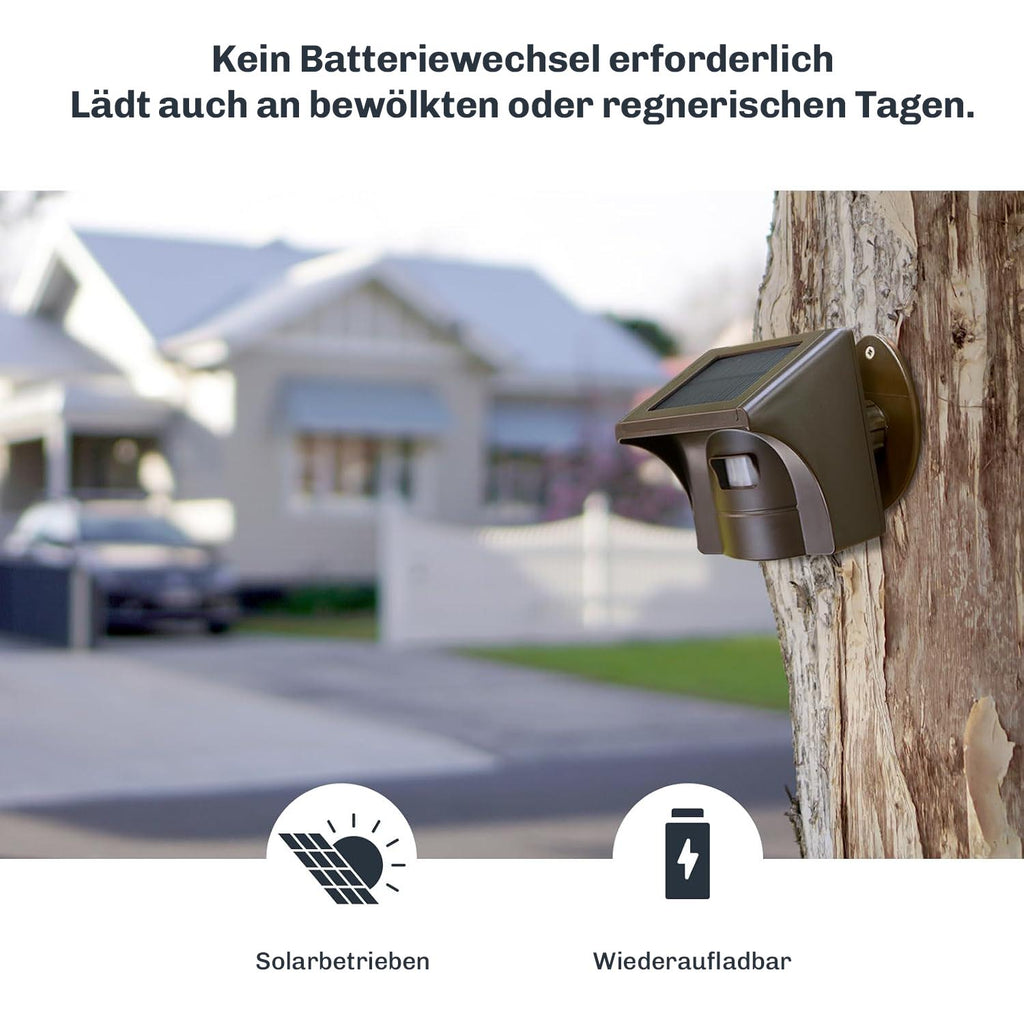 Der Sensor an einem Baum montiert, mit Hinweis auf Solarladung ohne Batteriewechsel auch bei bewölktem Wetter.