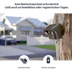 Der Sensor an einem Baum montiert, mit Hinweis auf Solarladung ohne Batteriewechsel auch bei bewölktem Wetter.