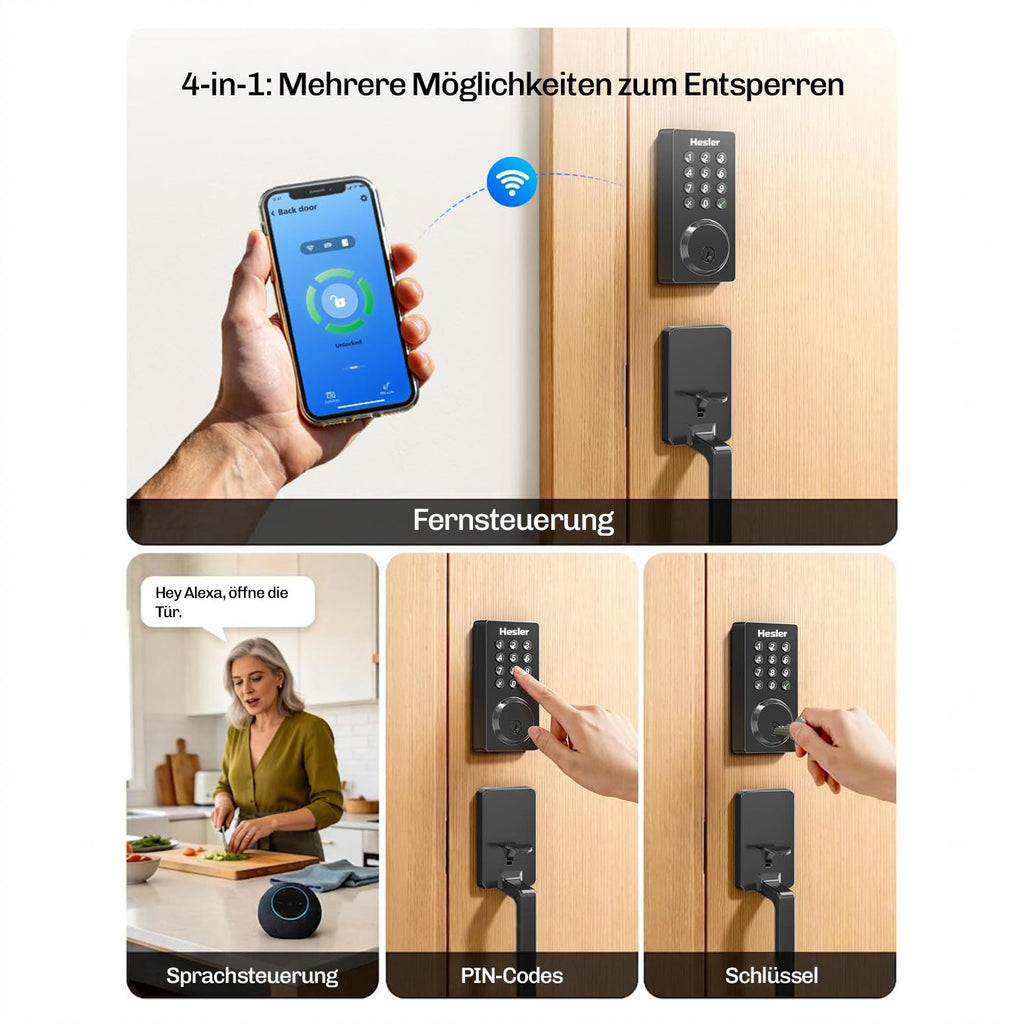 4-in-1-Zugang des Hesler Smart-Locks: App, Sprachsteuerung, PIN-Code und Schlüssel im Alltag.