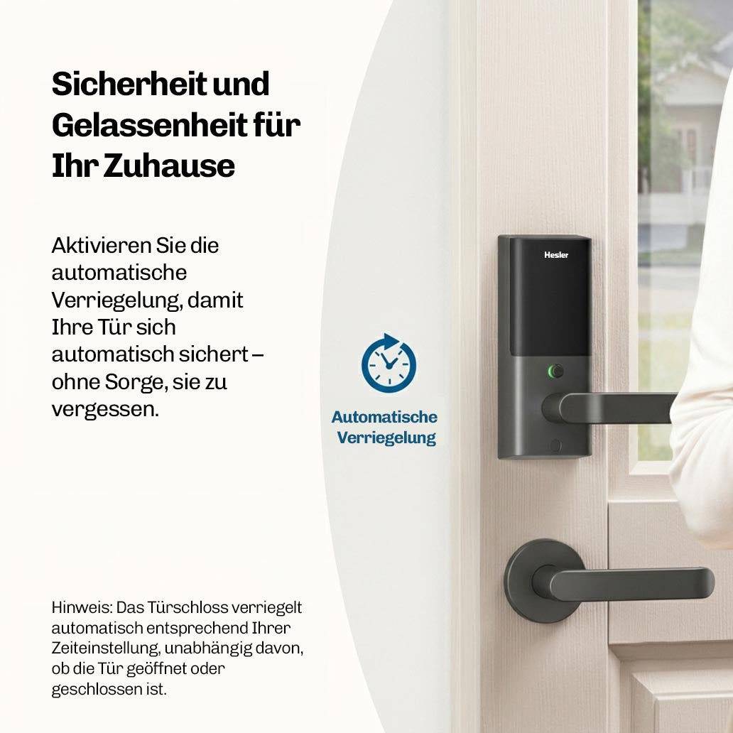 Person öffnet Haustür mit montiertem Hesler Türschloss, Hinweis auf automatische Verriegelung nach Zeiteinstellung.