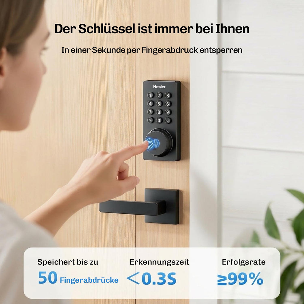 Fingerabdruckerkennung am Hesler Smart-Lock mit Kennzahlen zu Speicherplatz, Erkennungszeit und Erfolgsrate.