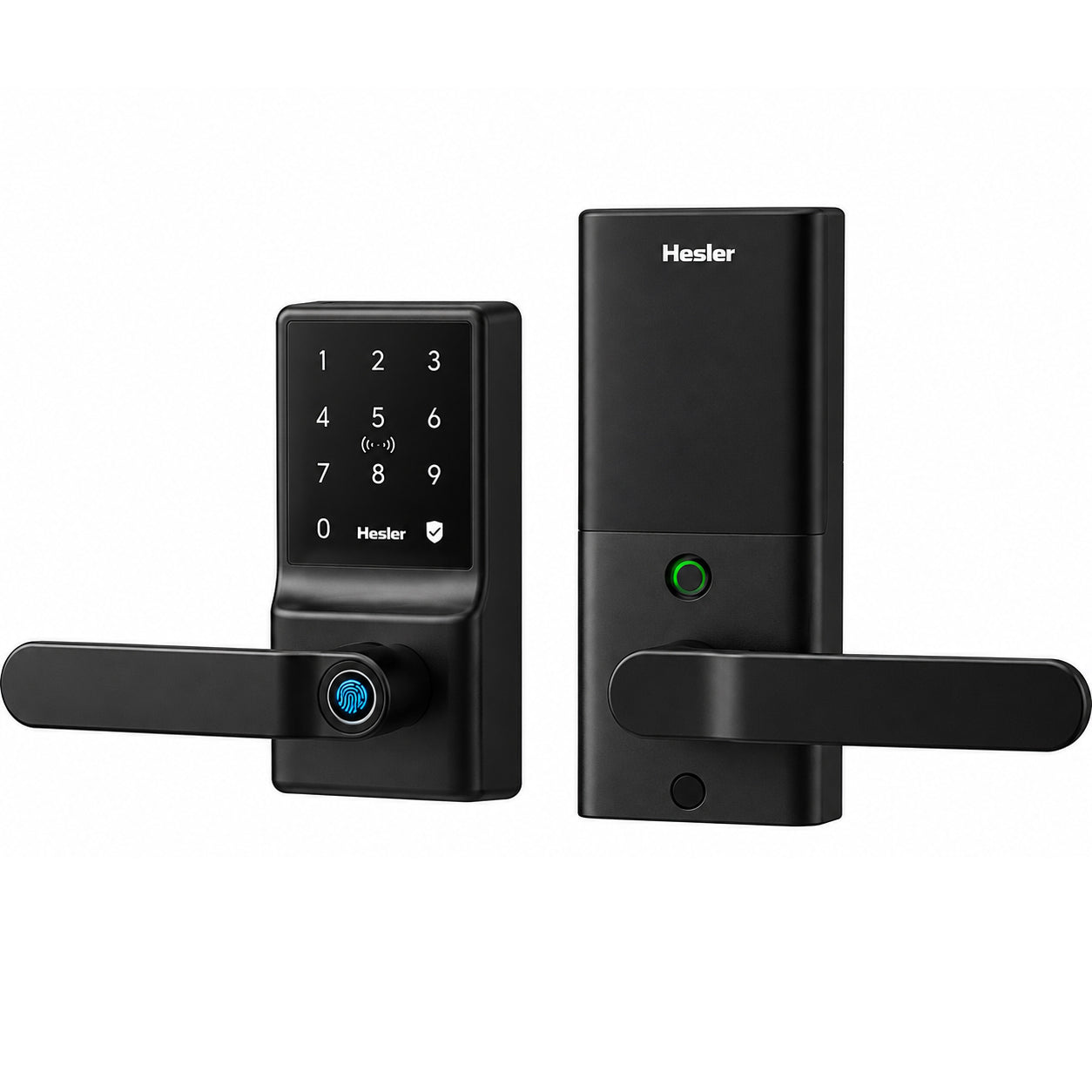 Hesler Türschloss von Außen- und Innenseite, mit Zahlenfeld, Fingerabdrucksensor und Batteriefach im Vergleich.