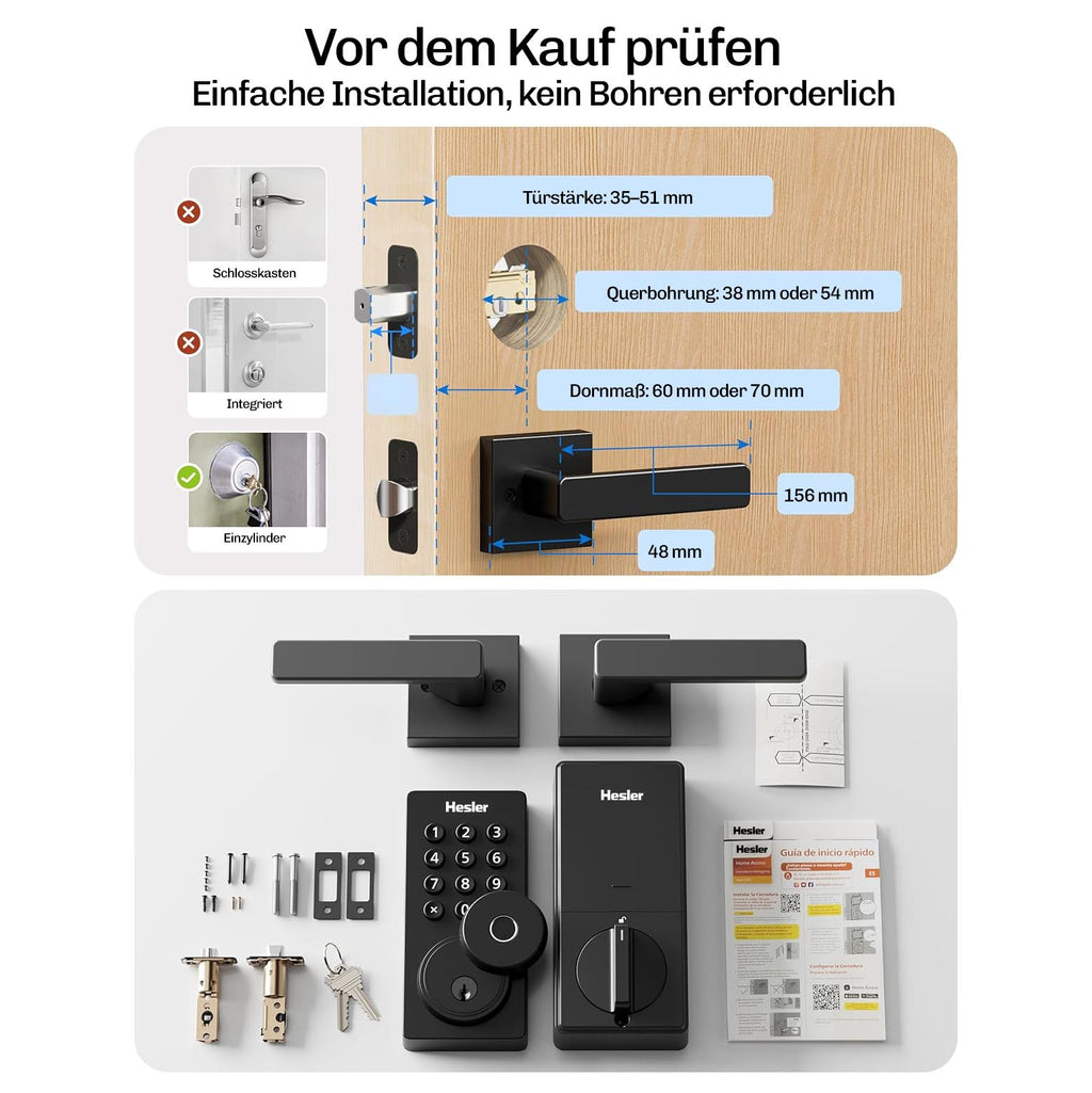 Installationsmaße und vollständiger Lieferumfang des Hesler Smart-Locks für Türstärken von 35 bis 51 mm.