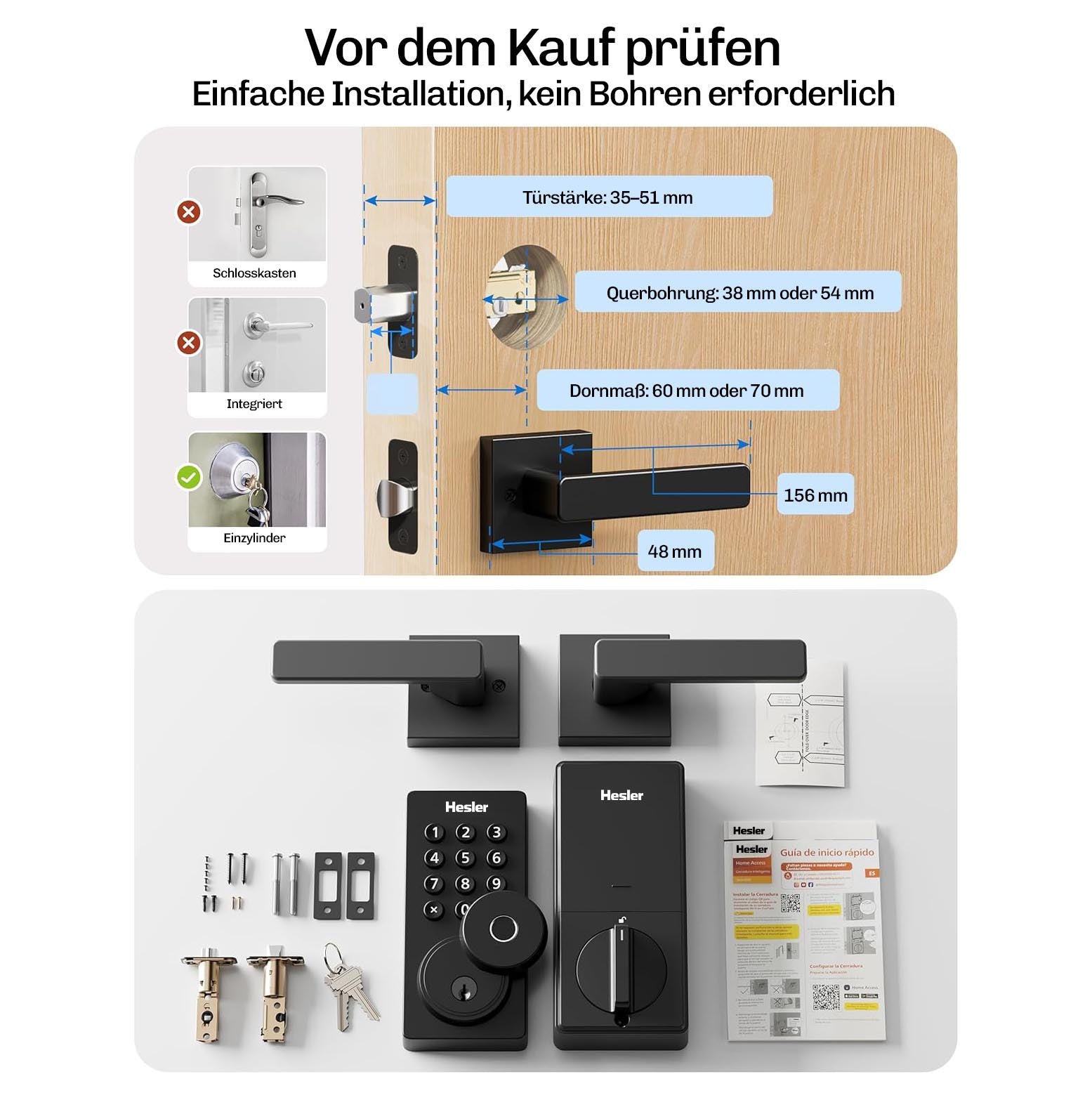 Installationsmaße und vollständiger Lieferumfang des Hesler Smart-Locks für Türstärken von 35 bis 51 mm.