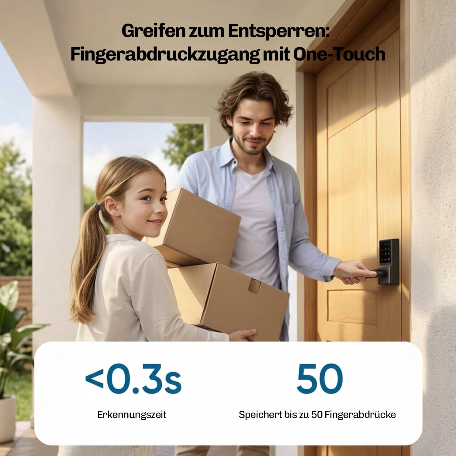 Mann und Kind mit Paketen vor Haustür, Entsperren des Hesler Schlosses per Fingerabdruck in unter 0,3 Sekunden.