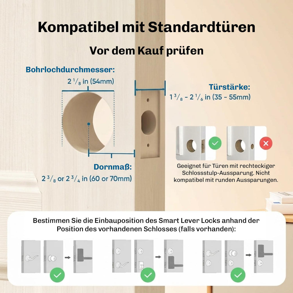 Technische Zeichnung mit Bohrlochdurchmesser, Türstärke und Dornmaß zur Prüfung der Kompatibilität vor dem Kauf.