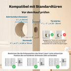 Technische Zeichnung mit Bohrlochdurchmesser, Türstärke und Dornmaß zur Prüfung der Kompatibilität vor dem Kauf.