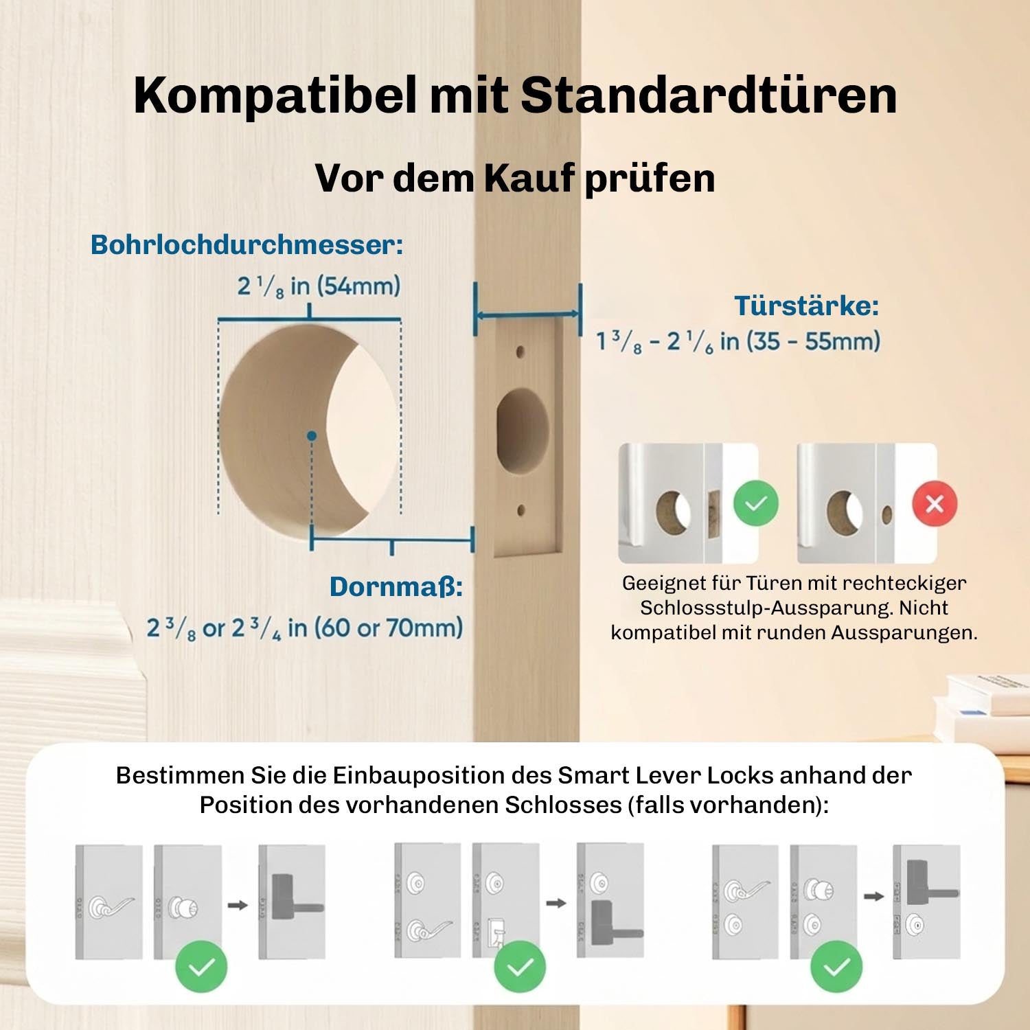 Technische Zeichnung mit Bohrlochdurchmesser, Türstärke und Dornmaß zur Prüfung der Kompatibilität vor dem Kauf.