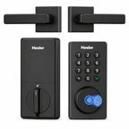 Hesler Smart-Lock mit zwei Türgriffen, Innen- und Außenmodul mit Zahlentastatur und Fingerabdrucksensor.