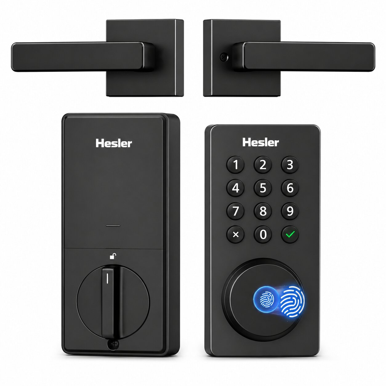 Hesler Smart-Lock mit zwei Türgriffen, Innen- und Außenmodul mit Zahlentastatur und Fingerabdrucksensor.