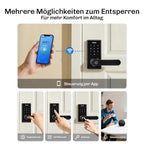 Übersicht der Entsperrmethoden: App-Steuerung, Fingerabdruck, PIN-Code und Schlüssel am Hesler Smart-Lock.