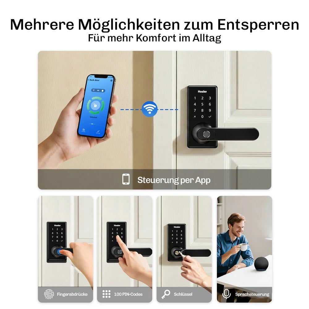 Übersicht der Entsperrmethoden: App-Steuerung, Fingerabdruck, PIN-Code und Schlüssel am Hesler Smart-Lock.