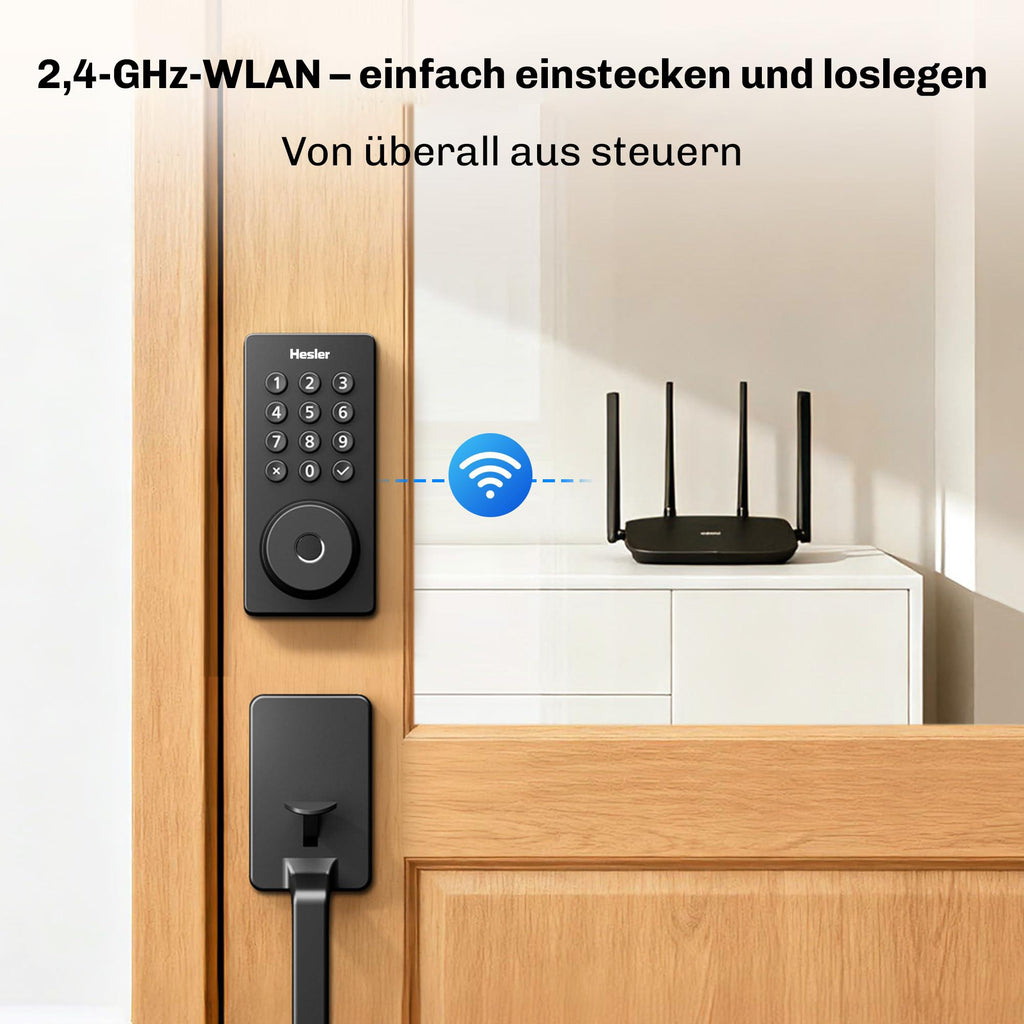Hesler Smart-Lock an der Tür verbunden mit dem 2,4-GHz-WLAN-Router für Fernzugriff ohne Hub.